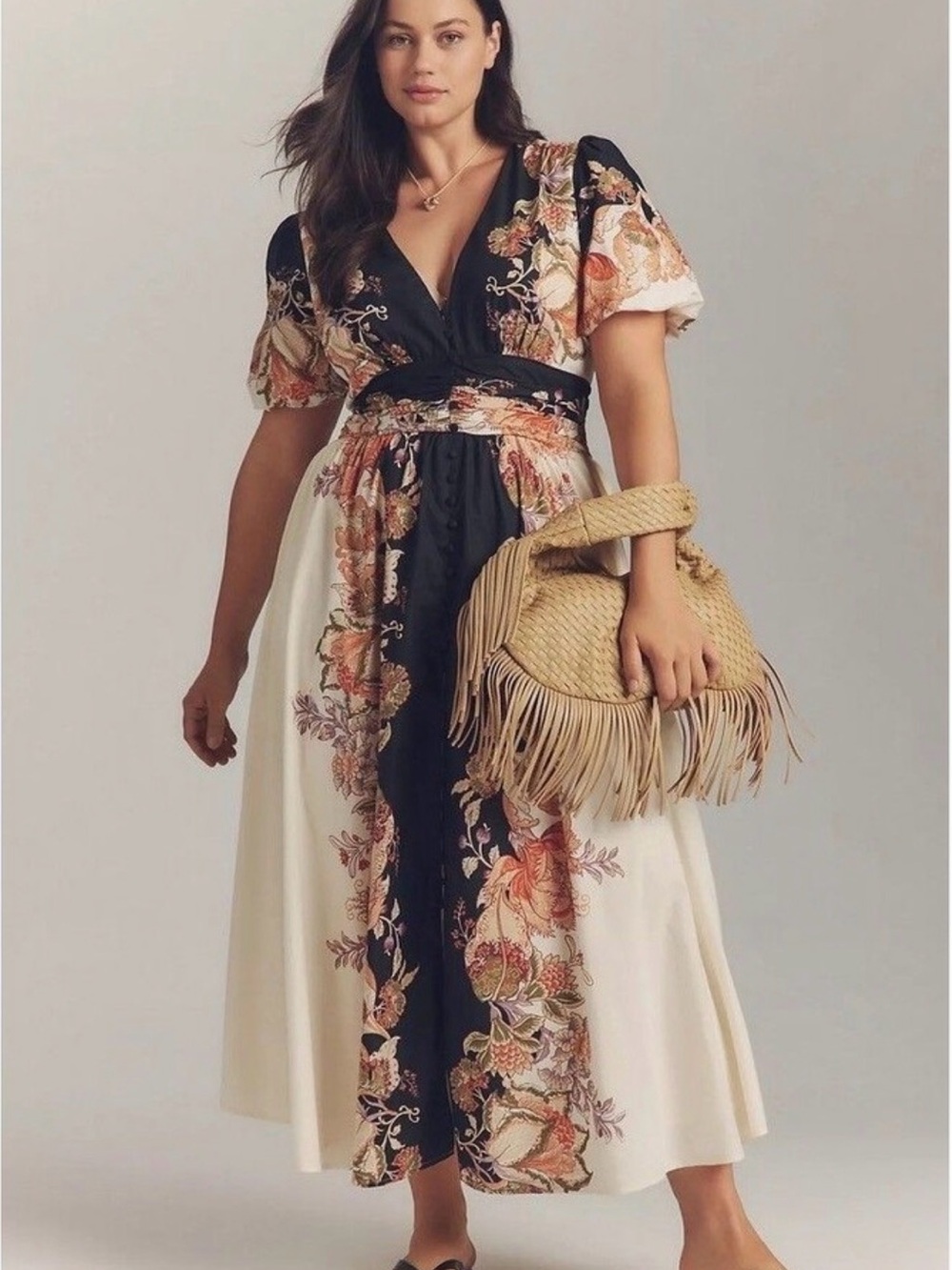Anthropologie Katerina Button Front Floral Dress in Black and Cream - Picture 2 of 10